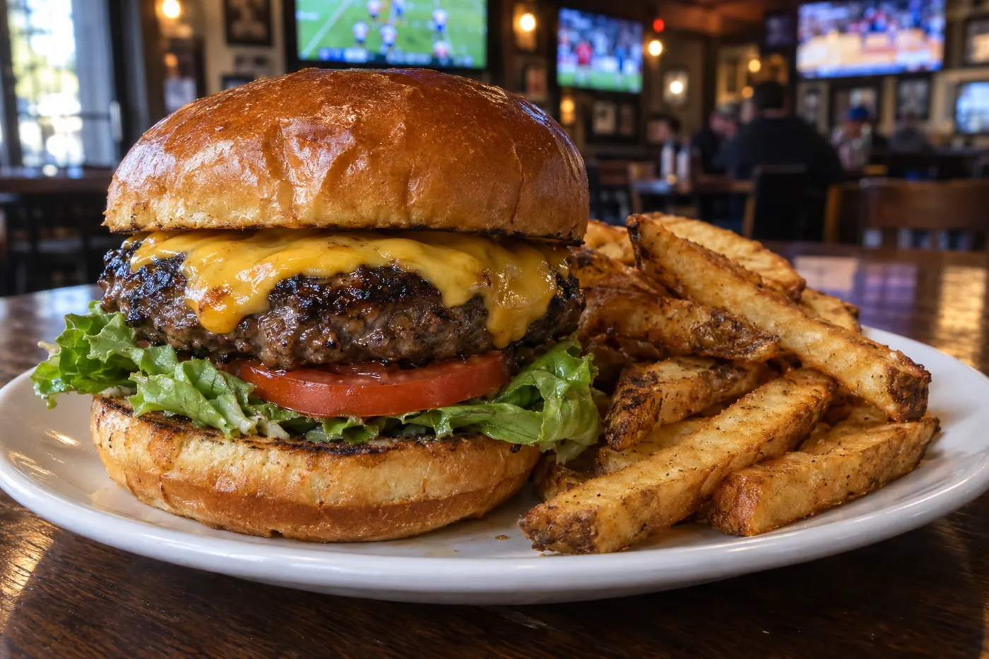 Charbroiled cheeseburger with steak fries