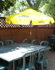 Outdoor patio seating with umbrella