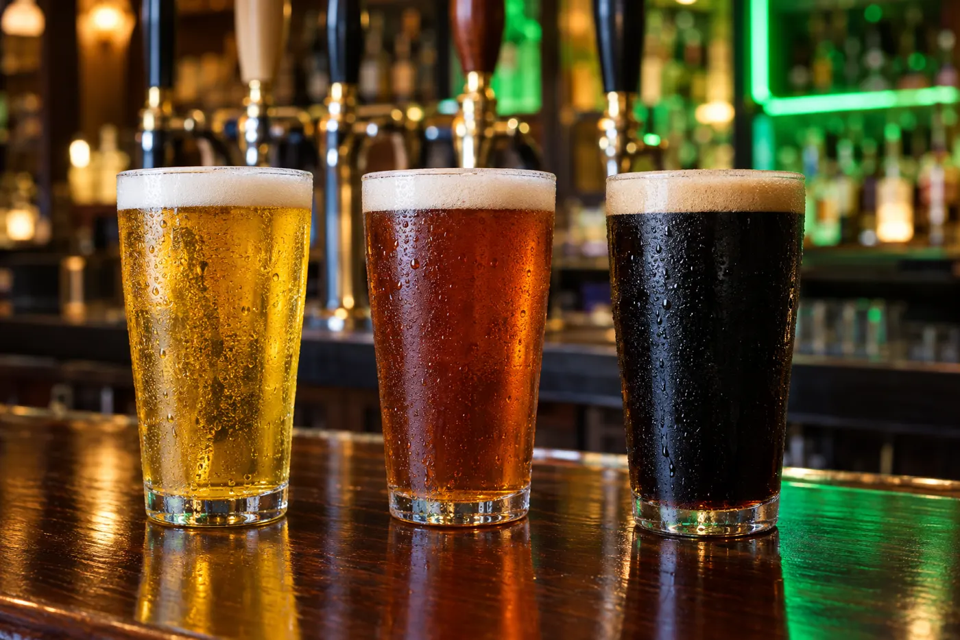 Three pints of draft beer on the bar
